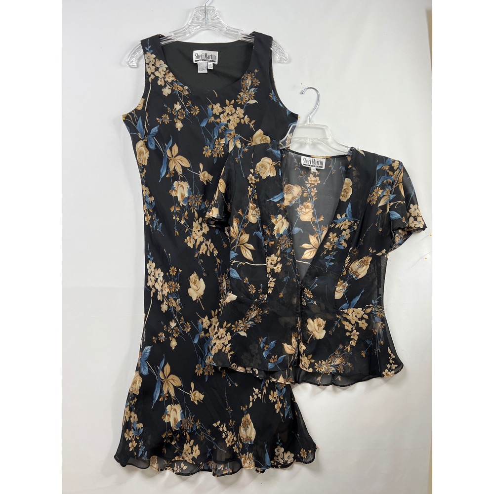 Sheri Martin Floral Dress Set Womens 8 Black 2pc Midi Sheath & Sheer Jacket